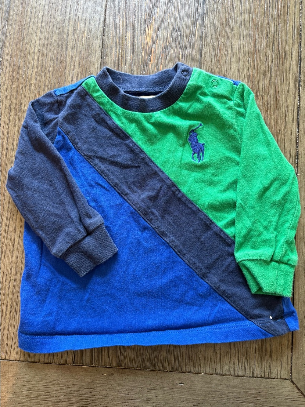 Ralph Lauren Baby Diagonal Colorblock Long-Sleeve Polo Tee in Green & Blue